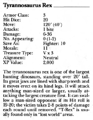 Scan of the Tyranosauraus Rex stat block from the Expert Rules, BECMI edition of D&D